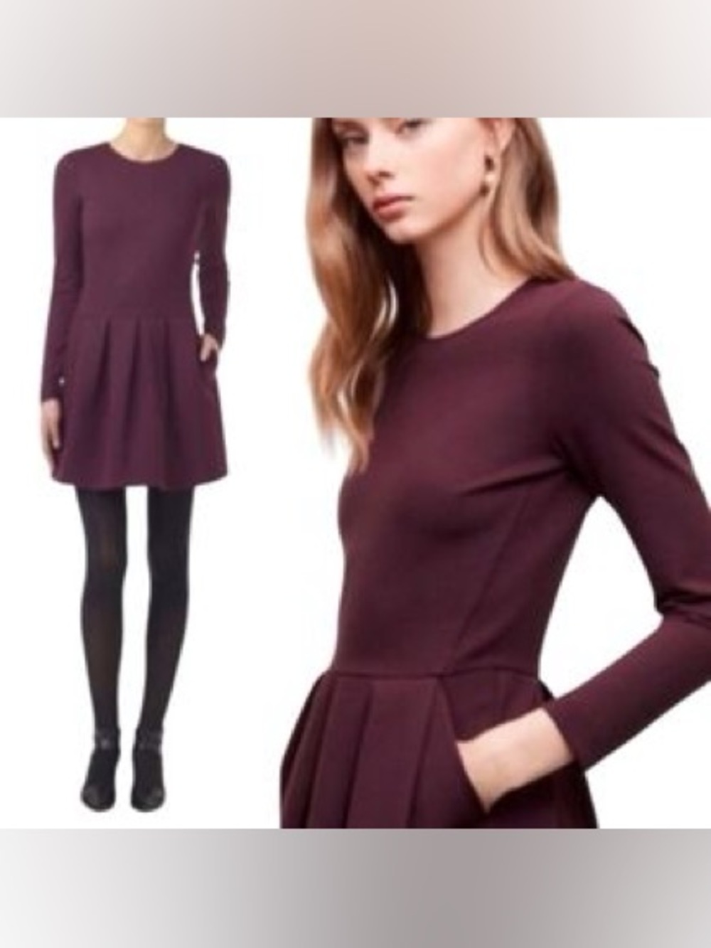 Aritzia Wilfred Tartine  Plum Long-Sleeve Pleated Skater Dress Size 4 Red Cozy